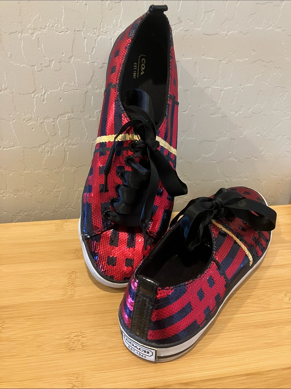 Coach Red & Black Sequin Lace-Up Sneakers with Gold Stripe